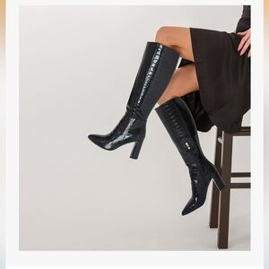 Black Croc-Embossed Knee-High Boots
